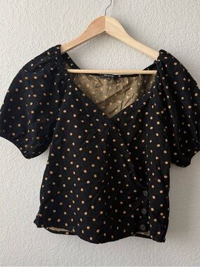 Madewell Corduroy Black Polka Dot Puff Sleeve Top